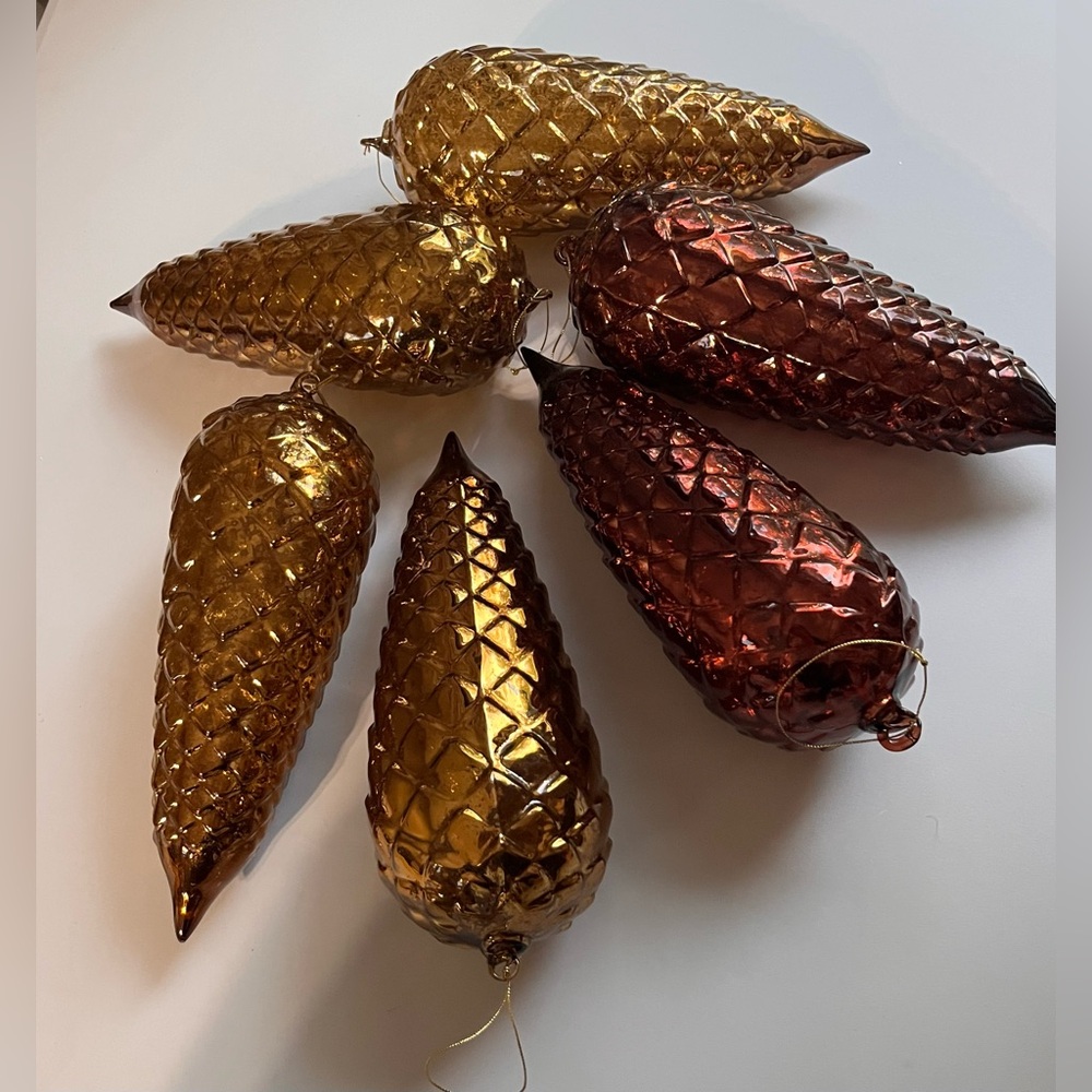 ▪️6 VINTAGE LARGE BLOWN BRONCE AMBER GLASS ORNAMENT PINE CONE